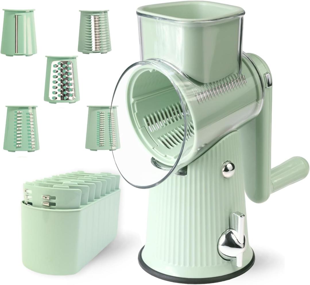 TOPAA Rotary Cheese Grater with Handle Vegetable Shredder with 5 Blades, Round Mando line Slicer and Food Chopper for Kitchen (Green)