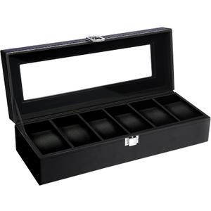 Uten Watch Box, 6 Slots Leather Watch Case, Watch Organizer Jewelry Storage with Large Glass Lid, Black Lining, Watch Display Box for Men & Women Gift