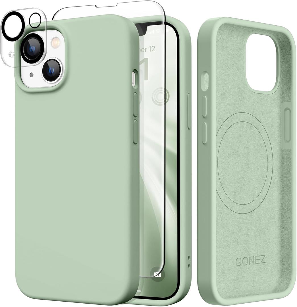 GONEZ Magnetic for iPhone 14 Case, Compatible with Magsafe, with Screen Protector + Camera Protector, Anti-Scratch Microfiber Lining, Liquid Silicone Shockproof Protective Phone Case, Pastel Green