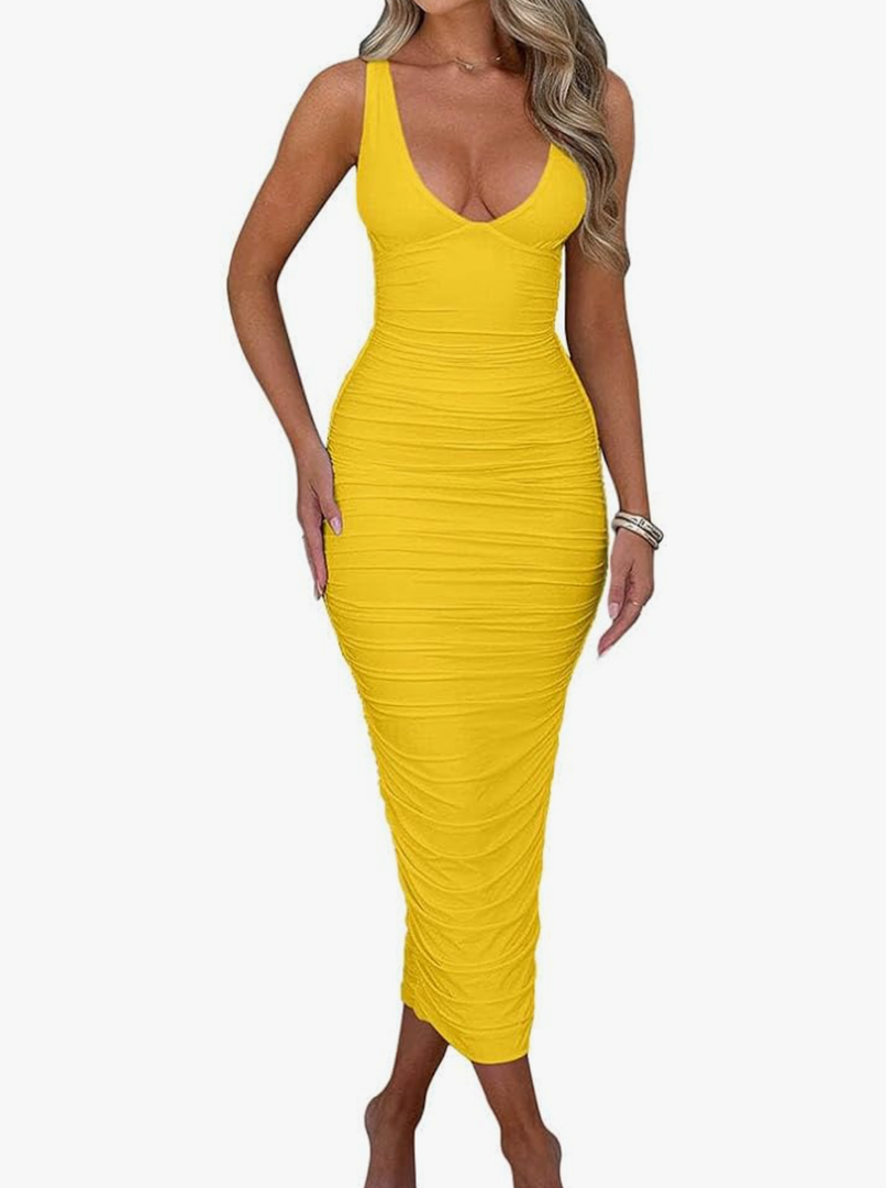 BEAGIMEG Women's Sexy Ruched Sleeveless Deep V Elegant Cocktail Evening Party Maxi Dress M