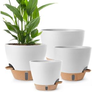 Plant Pots,12/10/9/8/ Inch Large Plastic Self Watering Flower Pots Indoor Outdoor with Drainage Holes, Deep Reservoir, Nursery Planting Pot for Indoor Out Door Plants White