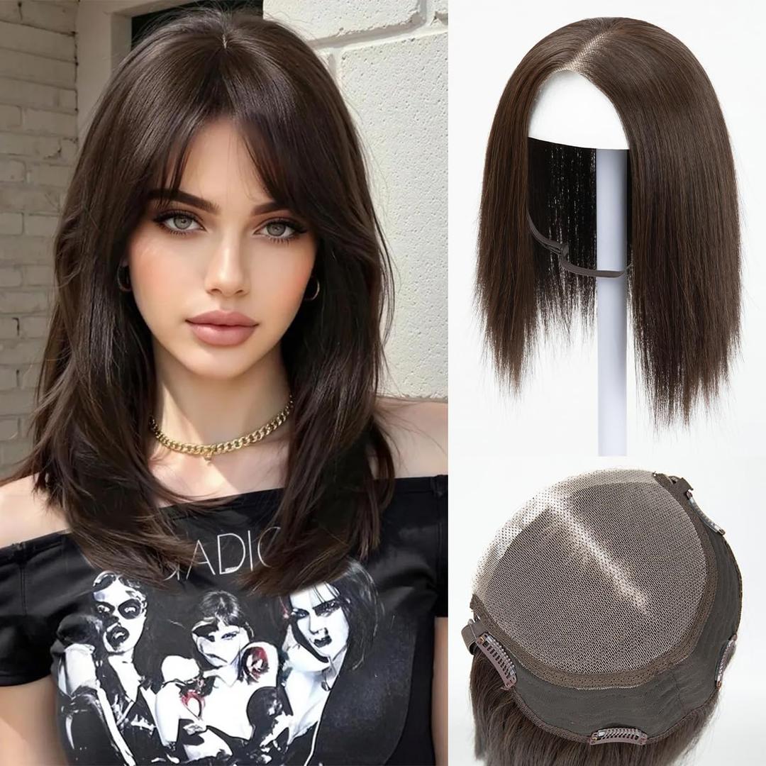 Lace Front Hair Toppers with Band for Women 5.5x4 Pre-cut Closed Lace Hairline Synthetic Straight Hair Wear and Go Glueless Toppers for Beginners Dark Chocolate