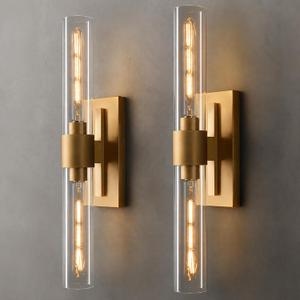 Gold Wall Sconces Set of Two - Hardwired Brass Light Fixture， Bulb Included | Luxury Tube Glass Sconce - Vertical or Horizontal Mount Dimmable Light Fixture for Bathroom Living Room Bedroom Entry Porch, 2 Pack