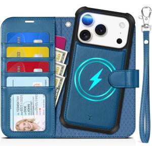 TUCCH Detachable Case Wallet for iPhone 17 Pro (6.3") 2025, Wrist Strap | 4 Card Slots RFID Blocking | Wireless Charging | Stand | 2-in-1 Magnetic | PU Leather | Shockproof Folio Cover | Light Blue