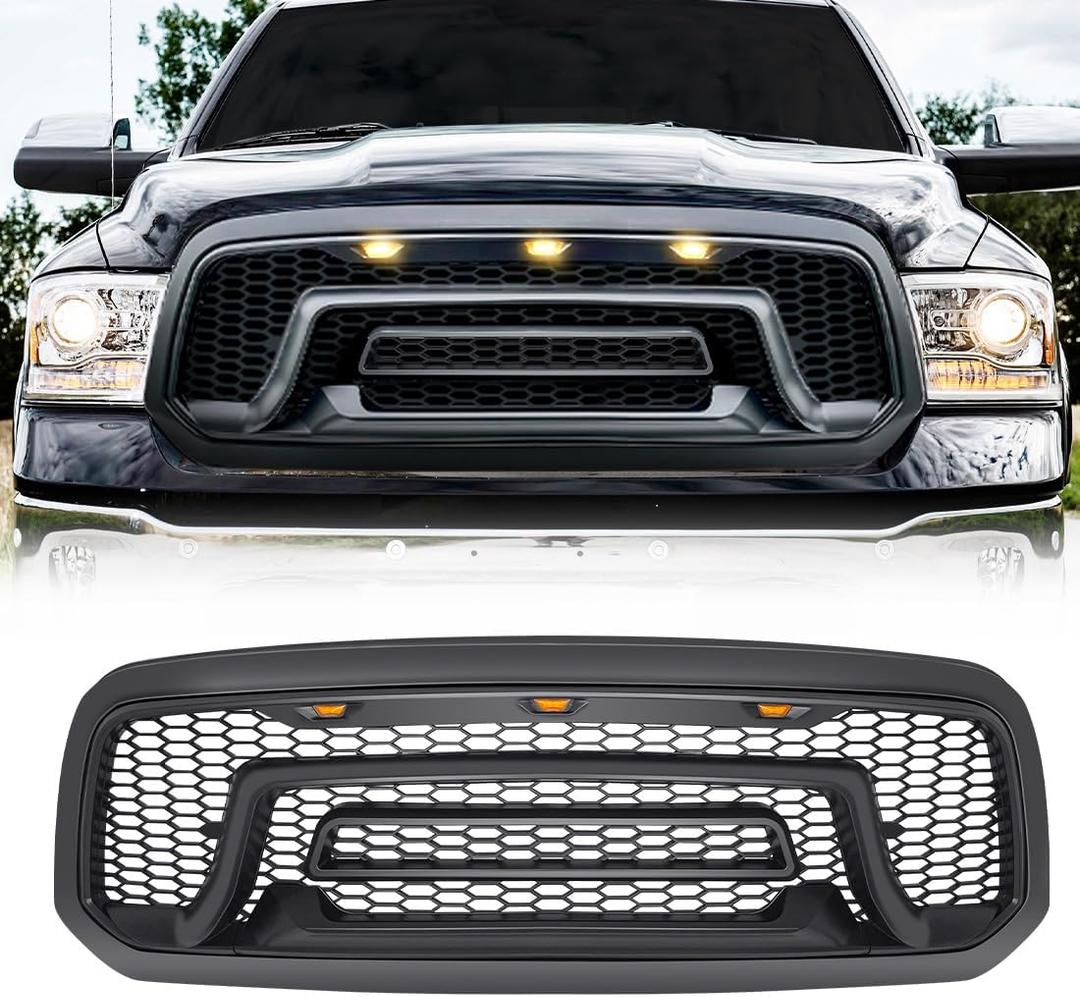 Front Grille Compatible with 2013-2018 Dodge Ram 1500, 2019-2023 Ram 1500 Classic, Bumper Grill with Amber Lights (NO "RAM" LETTER)