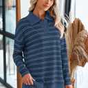MASCOMODA Womens Sweaters Fall 2025 Oversized Striped Sweater Long Sleeve Polo V Neck Loose Side Slit Knitted Tunic Tops (Blue, XL)