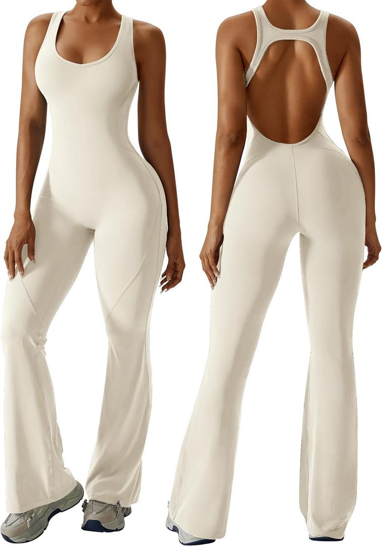 OEAK Womens Flare Jumpsuit with Bra Tummy Control Cutout Romper Workout Outfit Sleeveless Unitard One Piece Backless Bodysuit (X-Small, Beige)
