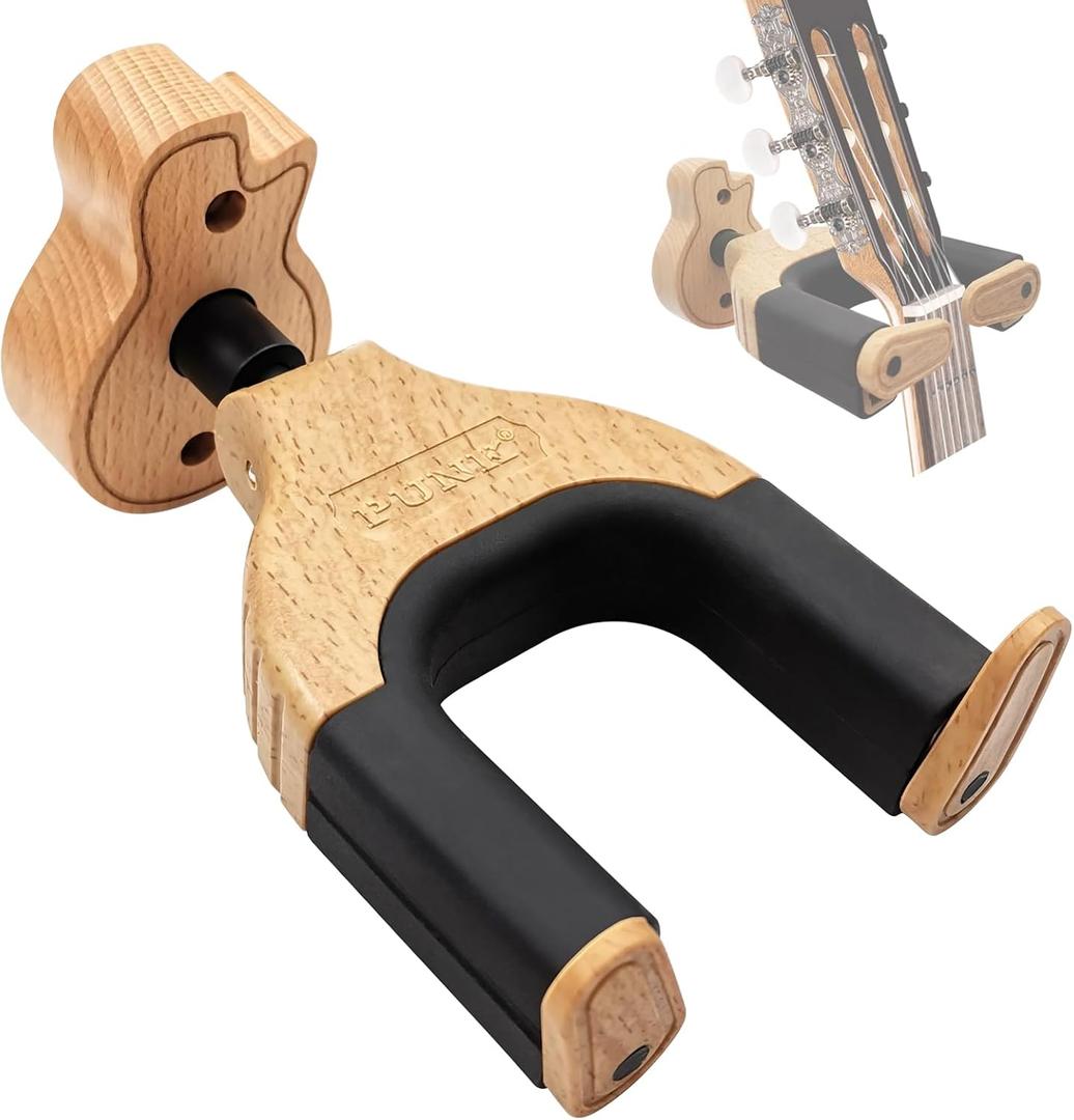 Auto Lock Guitar Wall Mount - Hard Wood Base Hanger in Guitar Shape for Acoustic, Electric, Classical, Bass - Hook Holder Accessories (Wood)