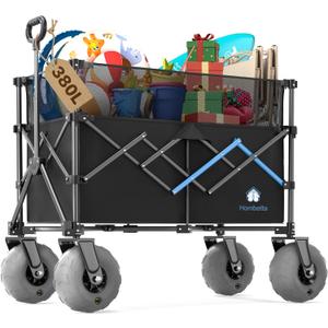 Beach Wagon with Big Wheels for Sand, 450LBS Heavy Duty Foldable Wagon Cart | 9" All-Terrain Inflatable Tires, Adjustable 200L380L Capacity, Ideal for Groceries, Camping & Sports