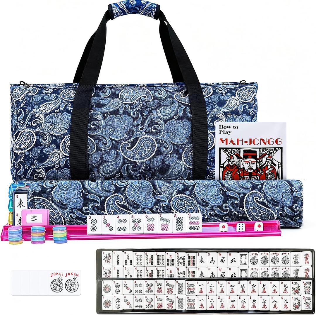 Ploomi American Mahjong Tiles Set, 166 White Tiles, 4 Color Racks & Pushers, Complete Western Mahjong Set with Blue Carrying Bag for Beginners & Experts