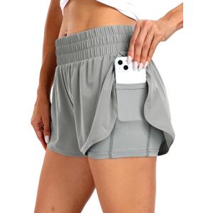 Haimont Women's Running Shorts 2 in 1 High Waisted Athletic Shorts with Drawstring Pockets 3" Compression Liner Shorts (L)