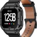 Leather Bands with Stainless Steel Case, Compatible with Fitbit Versa, Lite Sense, Protective Case for Men, Black