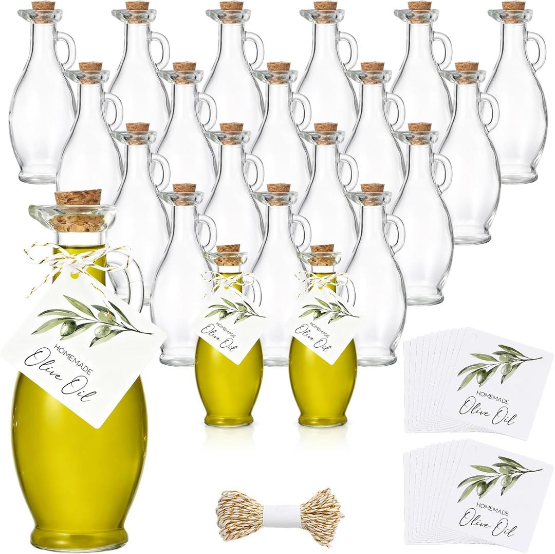 Vesici 20 Set Olive Oil Bottle with Stopper Mini Glass Oil Cruet Dispenser with Label Vinegar Bottle with Spout for Kitchen Salad Dressing Syrup Container for Wedding Baby Shower Favors(8.5 oz 1)