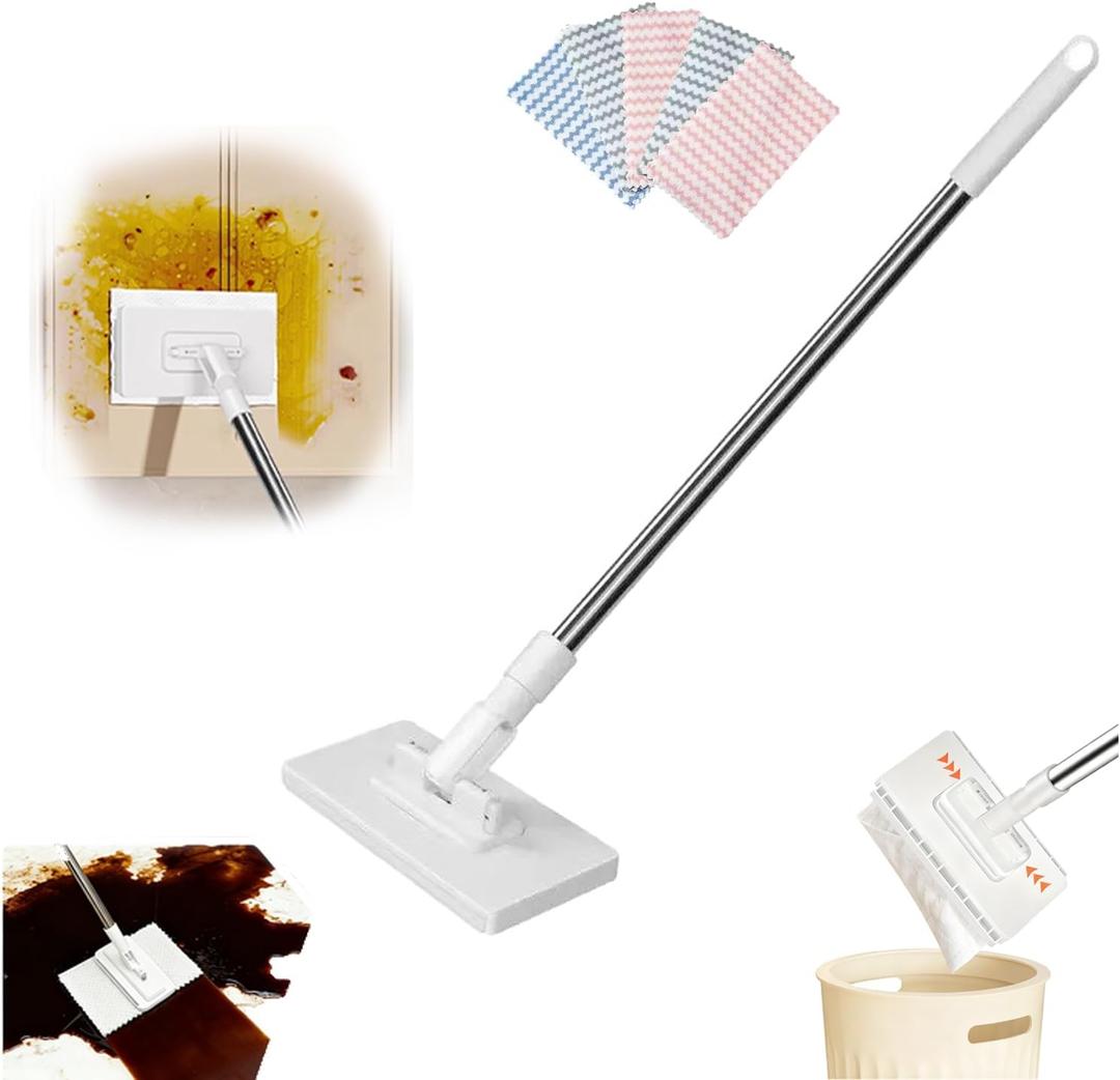 Snap Grip Mini Mop, 39 Inch Zero Touch Disposable Lazy Mop with 5 Refill Cloths, Wash-Free Mini Mops for Wet/Dry Floors, Tile, Hardwood, Corners, Home Kitchen Cleaning Essentials