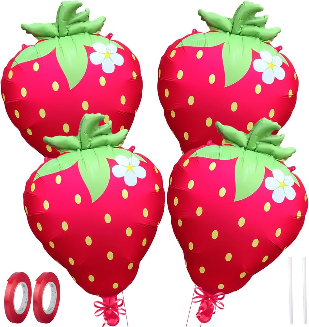 Strawberry Balloons 18" 4Pcs - Foil Balloons for Strawberry Birthday Decorations & Baby Shower Decorations, Durable foil Balloon Arch Kit, Vibrant Strawberry Themed Party (Style-2, 4)