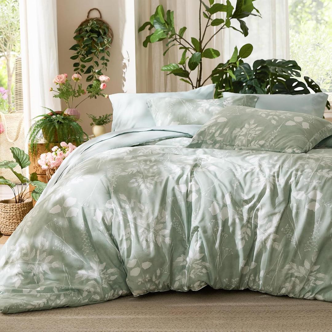 Bedsure King Size Comforter Set - 7 Pieces Floral Sage Green GentleSoft™ Bedding Sets, King Bed in a Bag with Botanical Flowers Winter Comforter, Sheets, Pillowcases & Shams