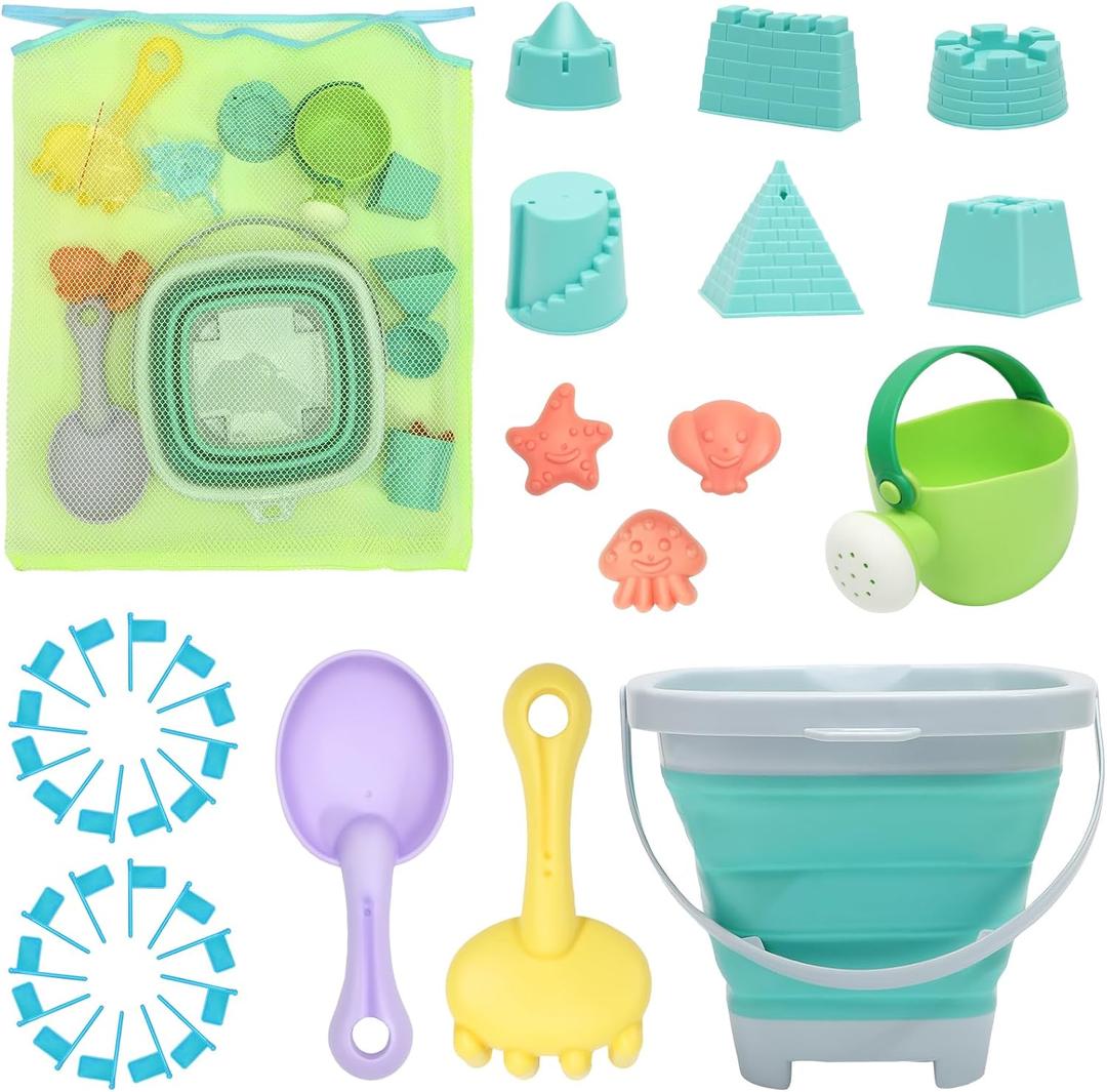 RACPNEL Beach Toys Sand Set for Kids, Collapsible Bucket and Shovels with Mesh Bag, Molds, Flags, Sandbox Kids Toddlers, Travel (Tavel Size), Medium, Small