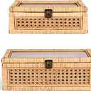 HUAXIN CRAFT H Rattan Decorative Box with Lid, Rectangular Woven with Glass for Display, Set of 2 Wicker for Decor