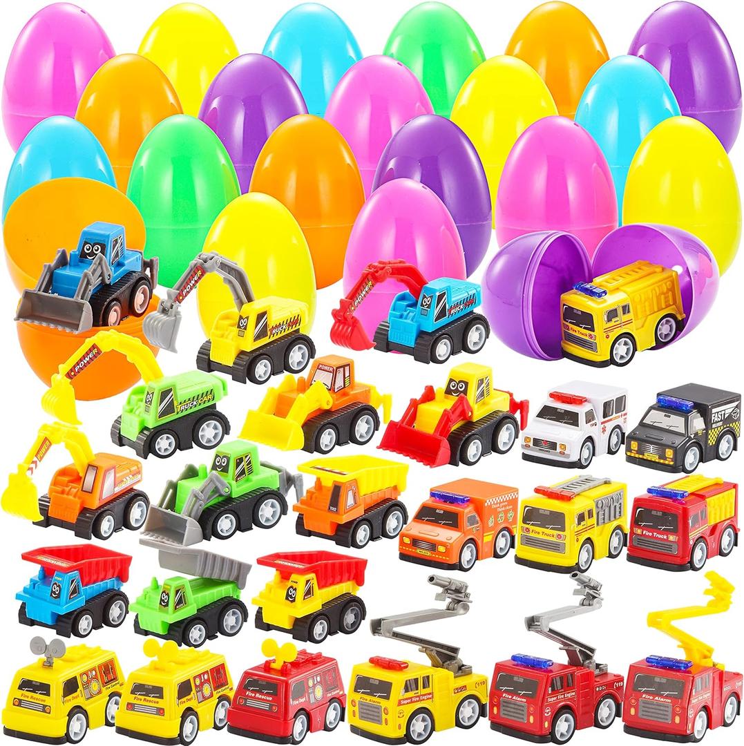 JOYIN 24 Pcs Filled Easter Eggs with Pull Back Construction Cars, Prefilled Easter Egg with Vehicle for Kid Boys, Basket Stuffers/Fillers, Party Favor, Classroom Prize Supplies