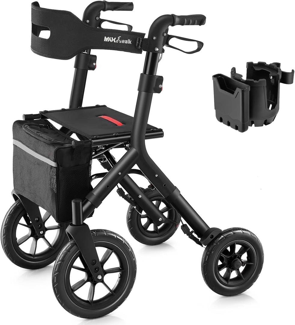 MAXWALK Rollator Walker with Seat, Tall Walkers for Seniors, 12" Big Rubber Wheels All Terrain Rollator Walker with Backrest, Built-in Cable, Foldable and Dual Adjustable Height for 5.3-7ft, Black