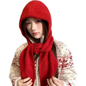 Gentle Solid Color Knit Hat Scarf 2-In-1 Autumn Winter Adjustable Hats Outdoor Warm Soft Hat for Women Trendy 2025 (Red)