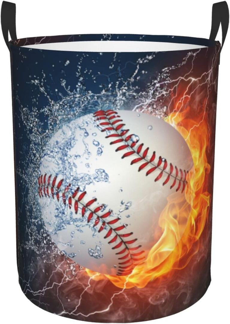 Gbuzozie Sport Baseball Ball In Fire And Water Round Laundry Hamper Storage Basket Toys Clothes Organizer Bin For Home Bathroom Bedroom Dorm Nursery, 62l