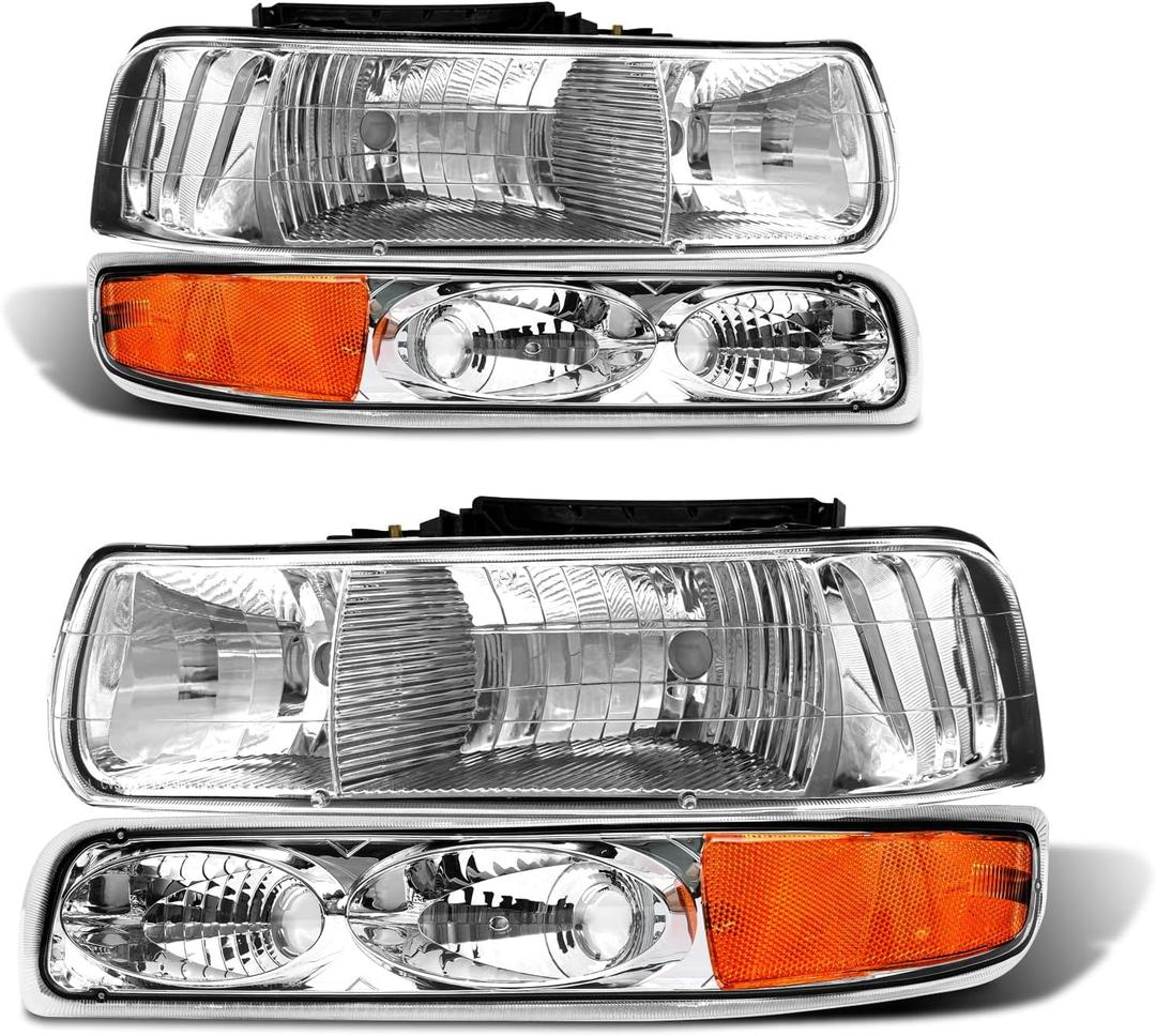 Headlight Assembly for 1999 2000 2001 2002 Chevy Silverado 1500 2500/1500HD 2500HD 3500/2000-2006 Tahoe/Suburban Chrome Housing Amber Reflector Pair