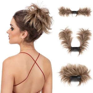 Messy Bun Hair Piece Side Comb Clip in Hair Bun Hairpiece for Women Short Natural Straight Versatile Adjustable Styles Easy Hair pieces (Brown to Ash Blonde-S)