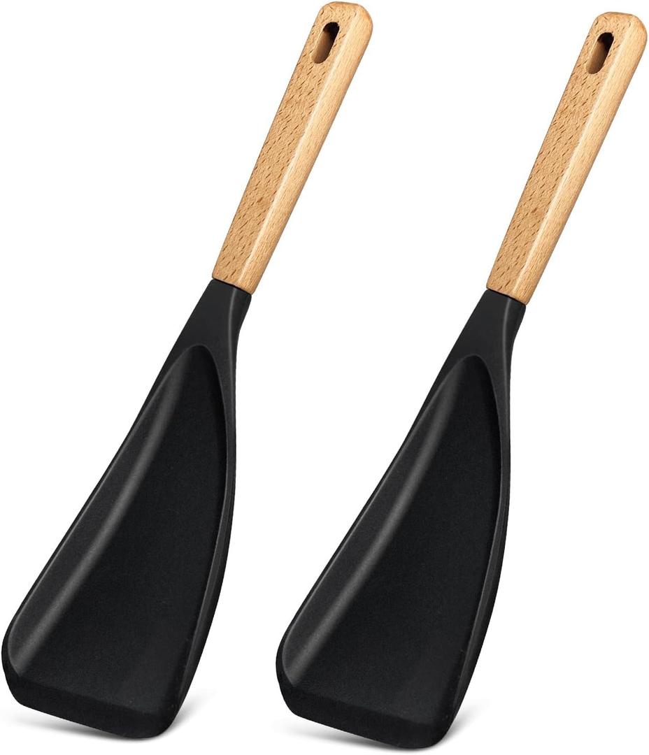 Silicone Spatula Spoon for Nonstick Cookware, Wood Handle Cooking Spoon for Mixing, Scooping & Serving, BPA-Free,Seamless Design,black