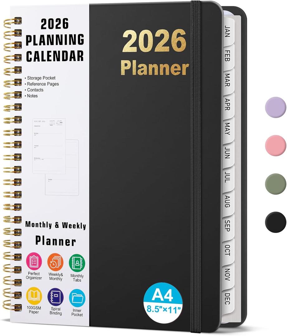 3 x Timart 2026 Planner, Weekly and Monthly Planner, January 2026 - December 2026, Hardcover 2026 Calendar Planner Book with Tabs, Inner Pocket For Women & Men, Perfect for Office School Home, A4(8.5" x11")-Black