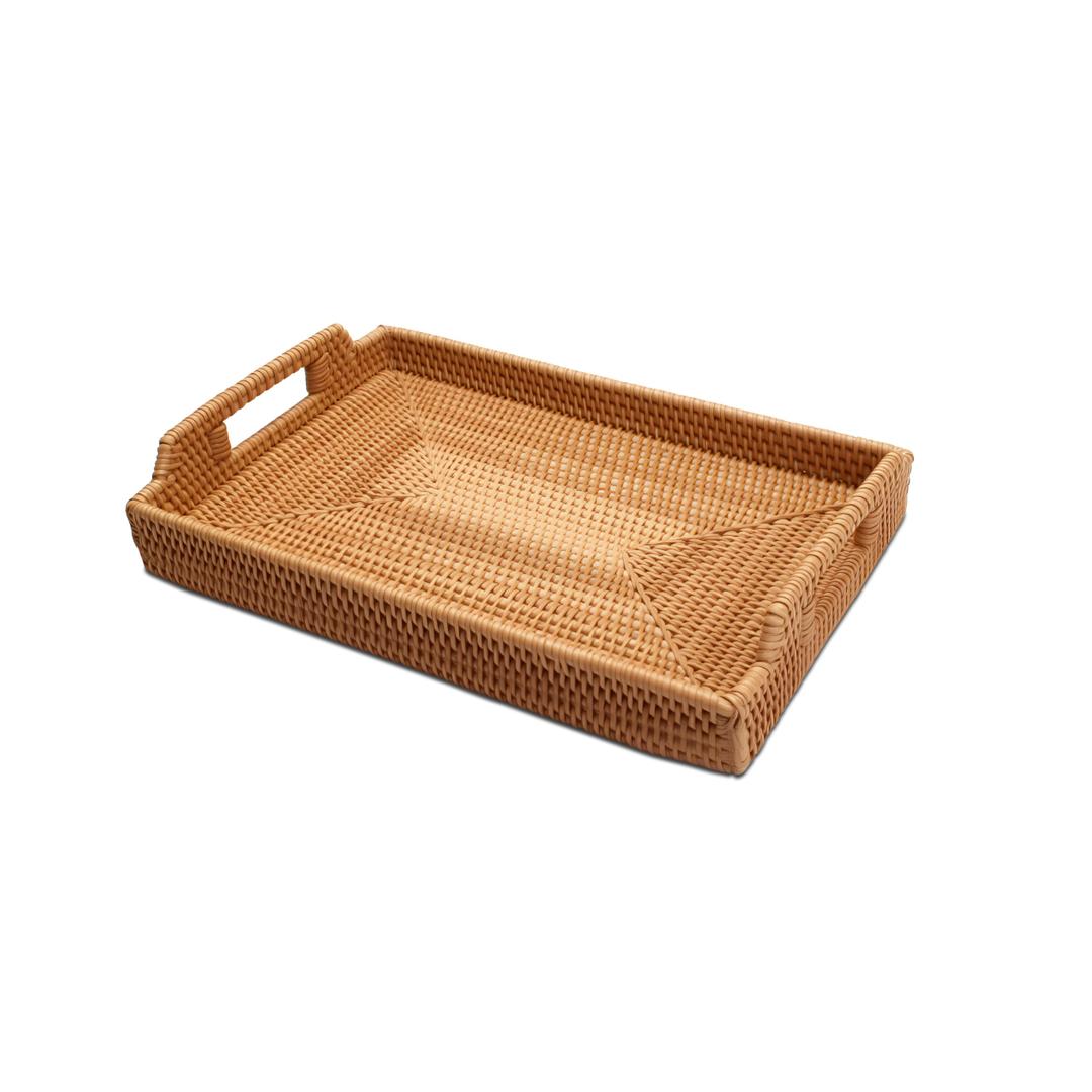Large Rattan Tray, YACEYACE Hand-Woven Rattan Trays with Handles Bulk, Large Serving Tray for Home, Party, Ottoman, Coffee Table, 17" H x 11.5" L x 2" W