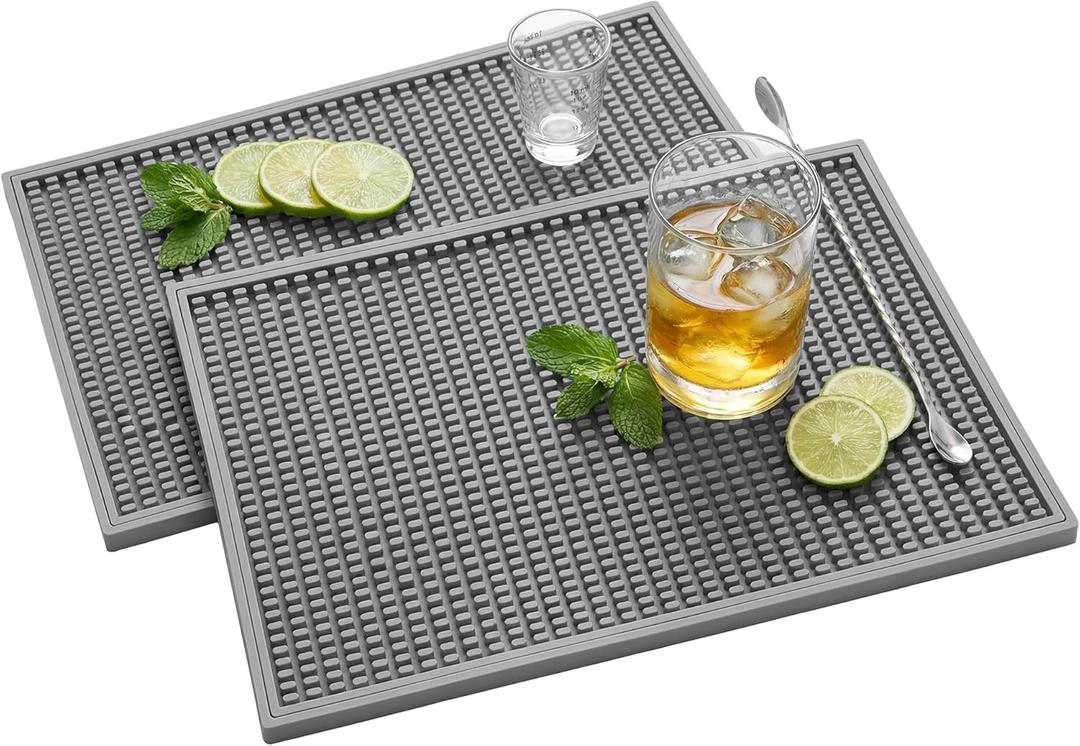 Bar Mat - 18"X12"(2 Pcs) Rubber Bar Mats for Countertop & Dish Drying, Non-Slip Bartender Mat with Airflow Design for Home Bar, Cocktail Set, Kitchen & Outdoor Use (Gray)