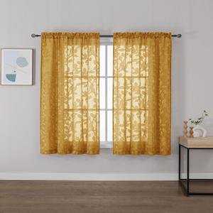 OVZME Gold Sheer Curtains 42 X 45 Inch Length 2 Panels, Semi Sheer Drapes Light Filtering Textured Window Curtains, Jacquard Clip Leaf Pattern for Small Window Tiers