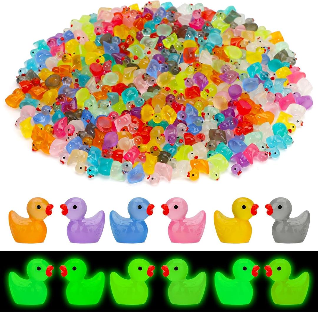 250 Pcs Mini Resin Ducks Glow in The Dark, Tiny Animals Figures to Hide Luminous Miniature Plastic Duck for Fish Tank Aquarium Fairy Garden Dollhouse Micro Landscape Birthday Parties Decor