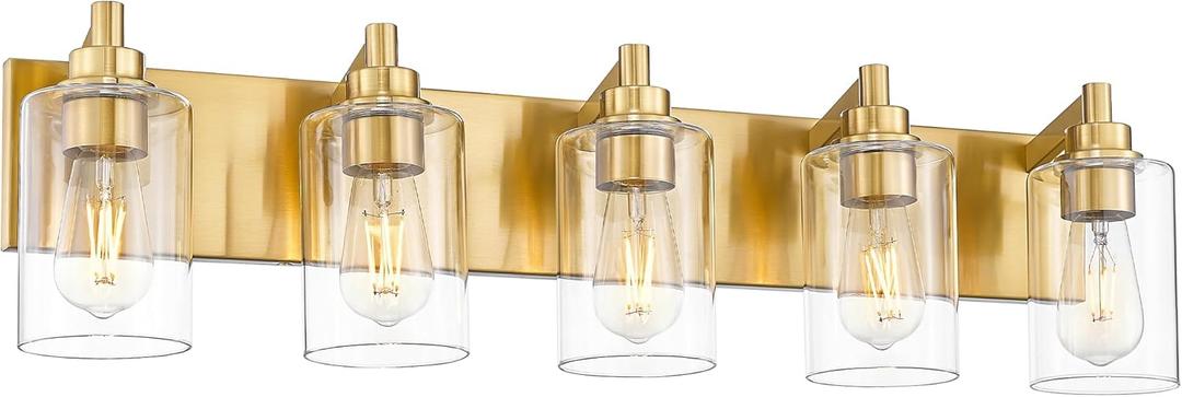 5-Light Bathroom Light Fixtures, 30 Inch Brushed Gold Vanity Light with Cylinder Clear Glass Shade, Modern Vanity Lighting Fixtures Over Mirror, VL143-BG-5 (5-Light, Brushed Gold, Cylinder Glass Shade)