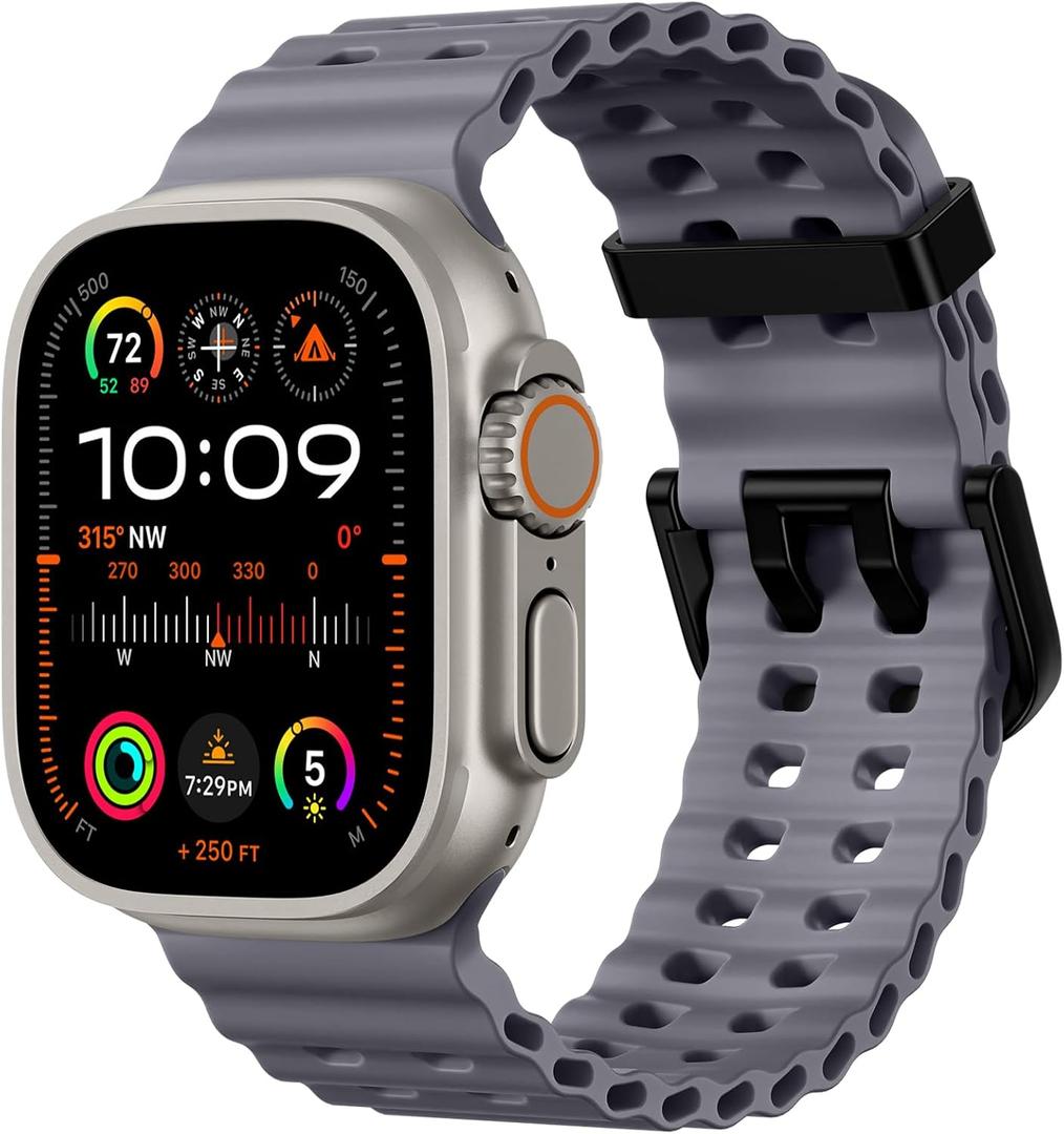 Odbeai Ocean Sport band Compatible with Apple Watch Ultra 2 3/Ultra Band for Men 49mm 46mm 45mm 44mm 42mm,Soft Silicone Outdoors Waterproof for iWatch Bands Ultra 2 3/Series 11 10 9 8-1 SE Men Grey