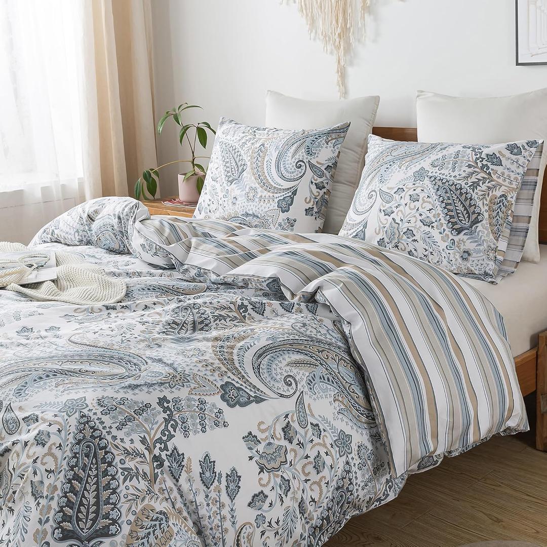 HoneiLife King Size Duvet Cover - 3pcs Paisley Comforter Cover, Soft & Breathable Floral Bedding Duvet Cover Sets with Zipper Closure & Corner Ties, Wildflower Comforter Cover Sets All Season Use (King-104" x 90", Blue & Brown)