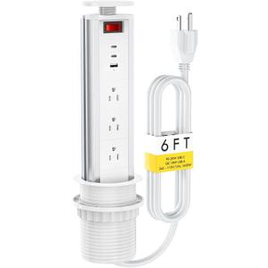 Pop Up Outlet for Countertop, Pull Pop Out Electrical Outlets with 3 AC Outlets, 2 PD 20W USB C and QC 18W USB A, Popup Desk Charging Station Power Hub for Conference Table Office Kitchen Island (White)