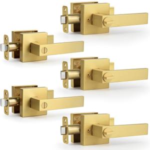 Moquin Brushed Gold 5 Pack Wholesale Square Design Keyless Privacy Door Handle with Lock, Heavy Duty Door Lever Without Keys, Reversible Handle for Bathroom/Bedroom Door in Satin Brass Finish