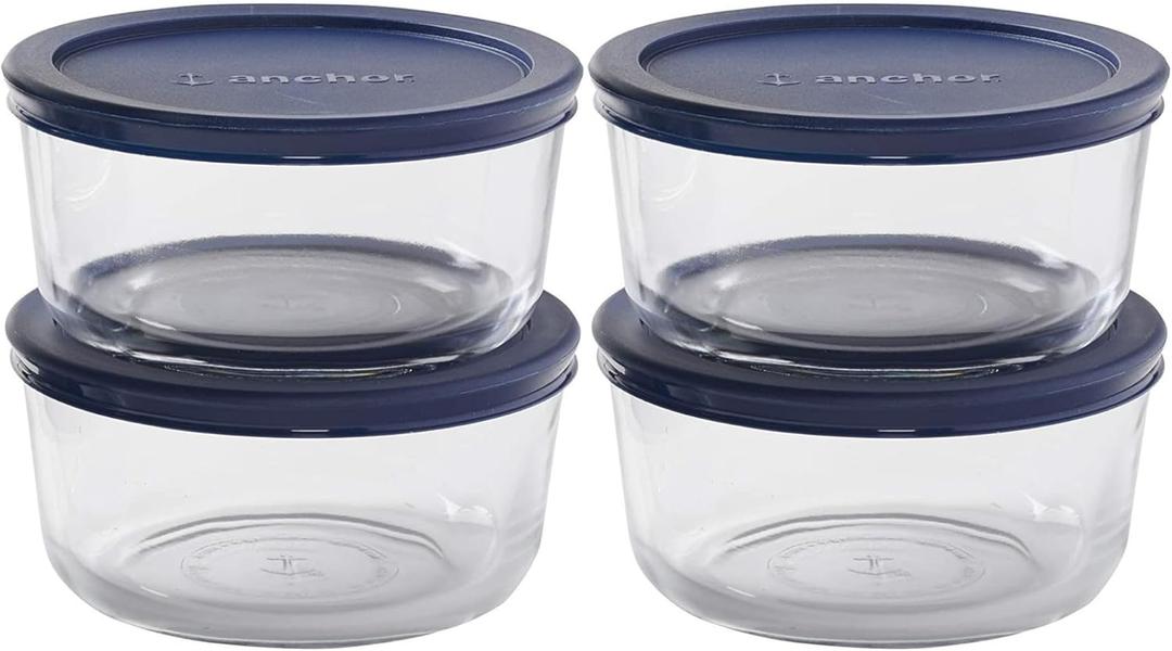 Anchor Hocking SnugFitTM Round Food Storage Containers with Lids (4-Piece, 7-cup, Navy Blue, oven-safe)