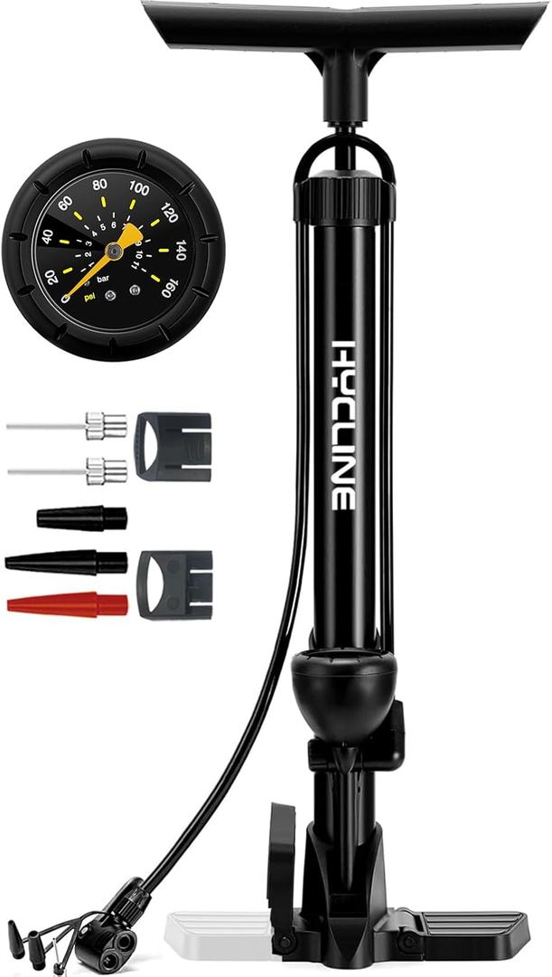Hycline Bike Floor Pump with Gauge: 160 PSI High Pressure Bicycle Pumps - Durable Air Pump Fits Presta & Schrader Valve - Inflator for Road MTB Tire, Ball, Balloon, Inflatables (Portable Size, Black)