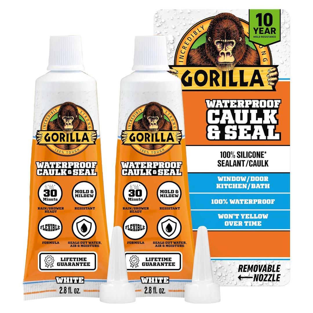 Gorilla 100% Silicone Caulk, Waterproof Sealant, 2.8oz Squeeze Tube (Pack of 2) White -10 Year Mold Resistant Kitchen, Window, Bath, Marine, Door and More