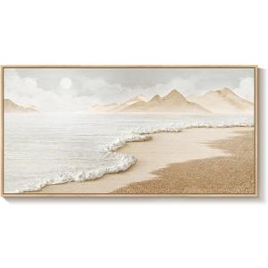 Framed Neutral Coastal Beach Wall Art for Living Room, Large Boho Ocean Canvas Artworks for Walls, Horizontal Abstract Minimalist Coastal Art Print for Bedroom Kitchen Office Wall Decor, 24x48 Inch