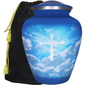 M MEILINXU Cremation Urns for Human Ashes Adult Man or Women, Funeral Urn for Ashes Adult Male or Female, Blue Sky and White Clouds, Religious Cross Decorative Urn, Burial, Christian Crosses - Large