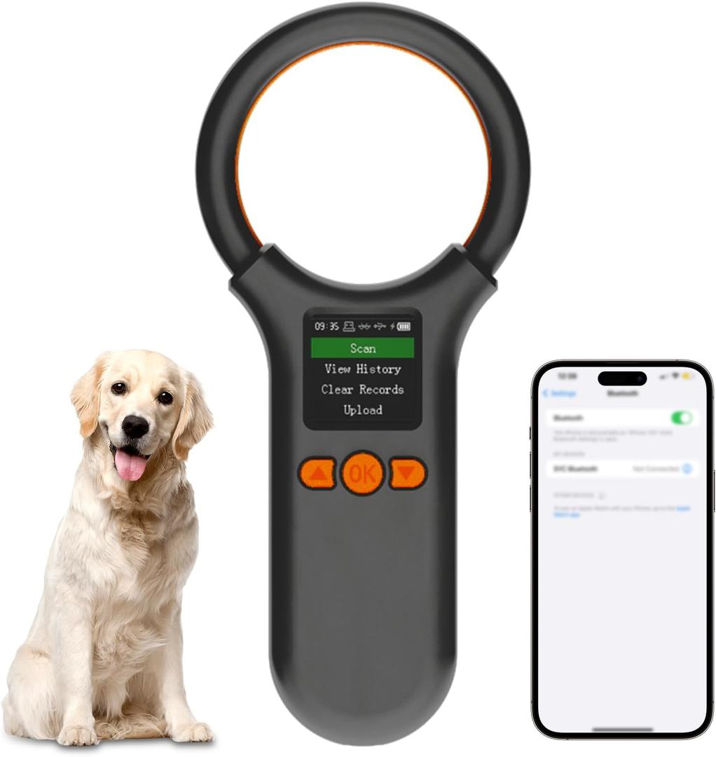 Pet Microchip Scanner Bluetooth, Animal Microchip Tag Reader Scanner, Three Ways to Connect,Upgrade TFT Large Screen, Store 500 Labels, Support to View History, Delete Records