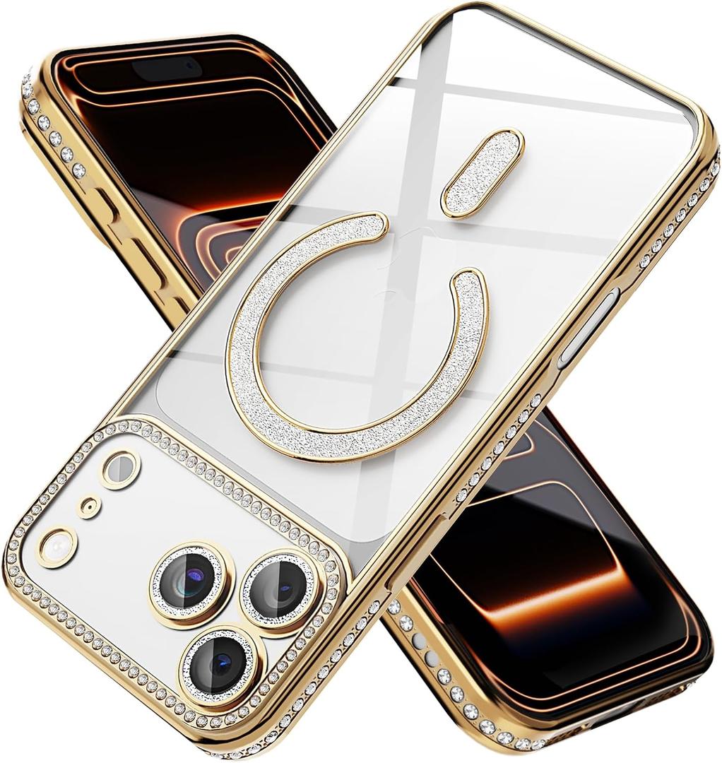 Magnetic Glitter Diamond for iPhone 13 Case[Compatible with MagSafe] Sparkle Rhinestone Camera Lens Protector Plated,Crtstal Clear Slim Military Drop Shockproof Cover for Women,Gold