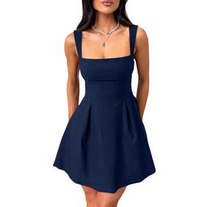 YMDUCH Women's Sexy Sleeveless Square Neck Adjustable Straps Bow Tie A-line Mini Party Club Dress (Blue)