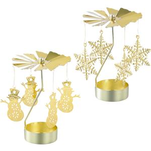 2Pcs Rotary Candle Holder Spinning Tea Light Candle Holder Christmas Style Metal Rotating Candlestick (2, Gold Christmas Snowflake & Snowman)