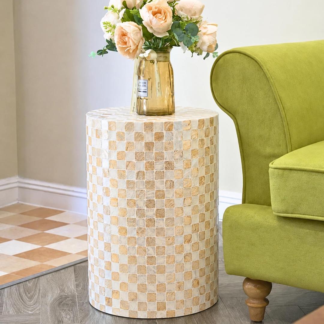 Chi An Home 19.3” Capiz Shell Ivory Checkered Cylinder Drum Side Table, 19.3" x 13.4"