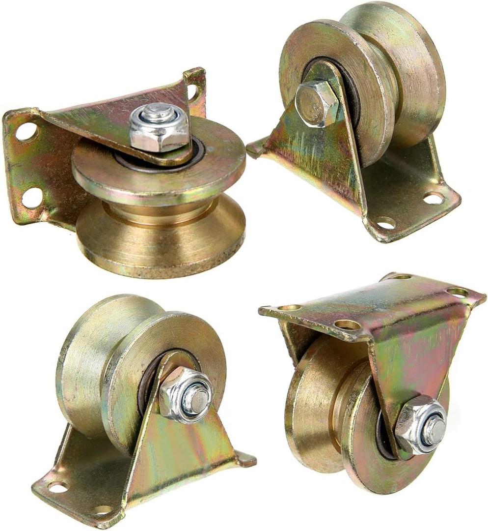 V-Type Groove Wheel, Heavy Duty Rigid Caster with Bracket, for Inverted Track, Rolling Gate, Sliding Gate, Industrial Machines, Wire Rope Rail, Pack of 4 (1.2 inch/32 mm)
